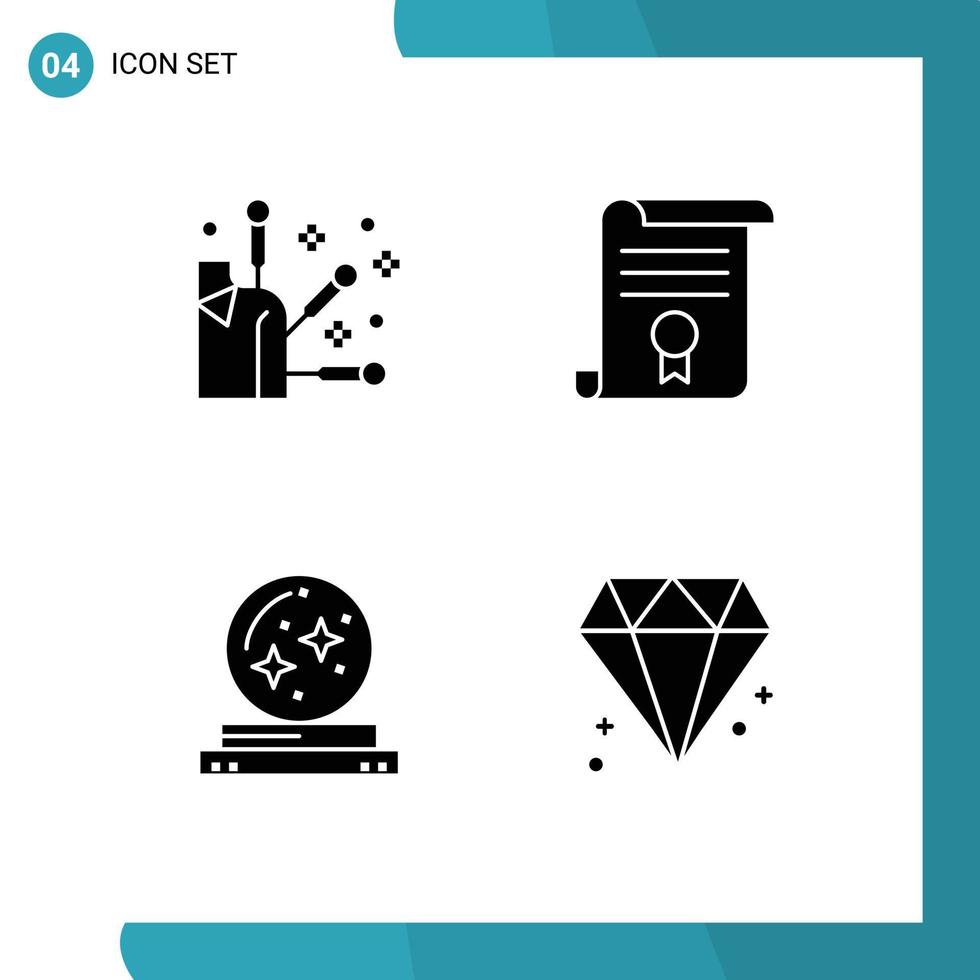 Pack of 4 Modern Solid Glyphs Signs and Symbols for Web Print Media such as acupuncture crystal certificate document magician Editable Vector Design Elements