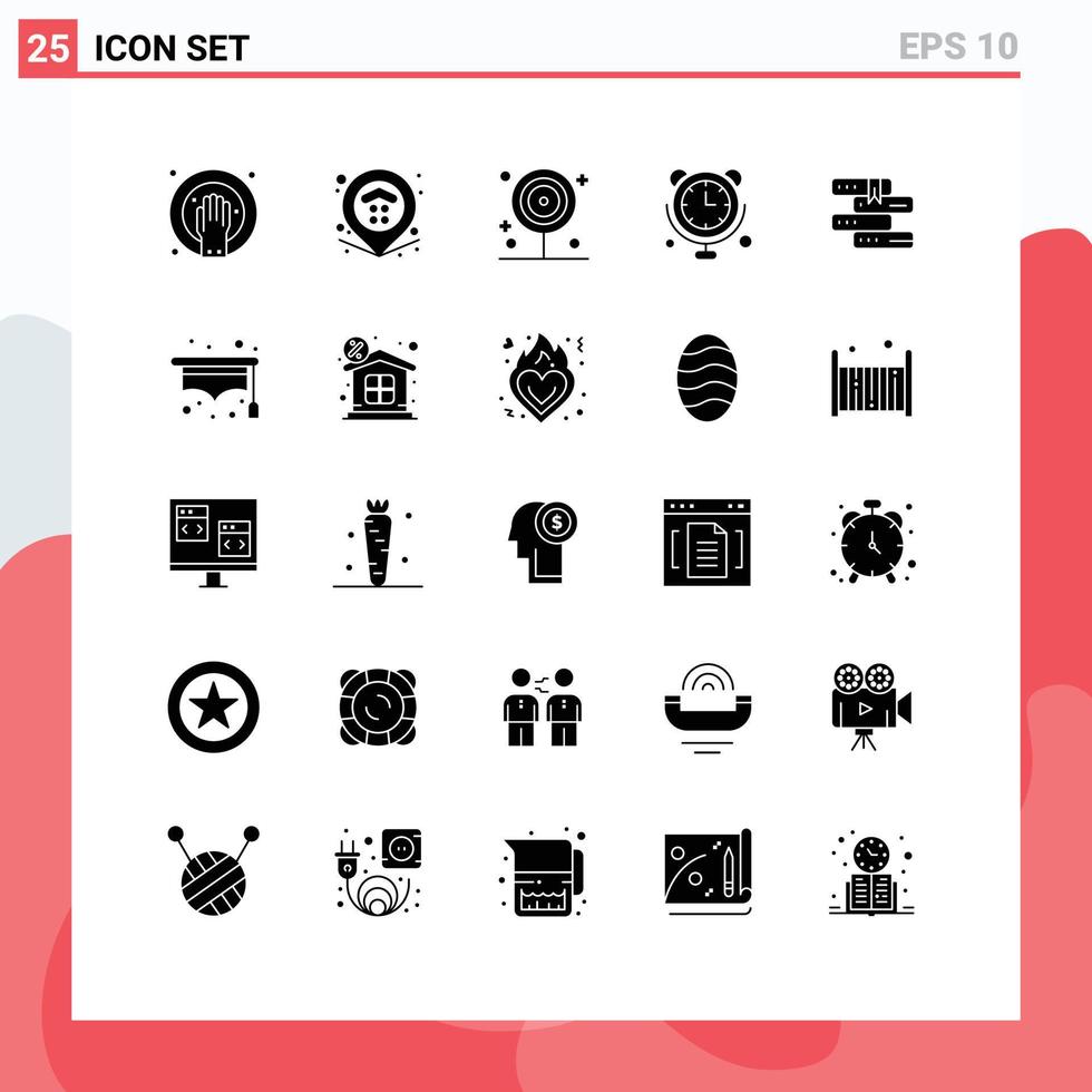 Set of 25 Vector Solid Glyphs on Grid for education internet of things cooking connections clock Editable Vector Design Elements
