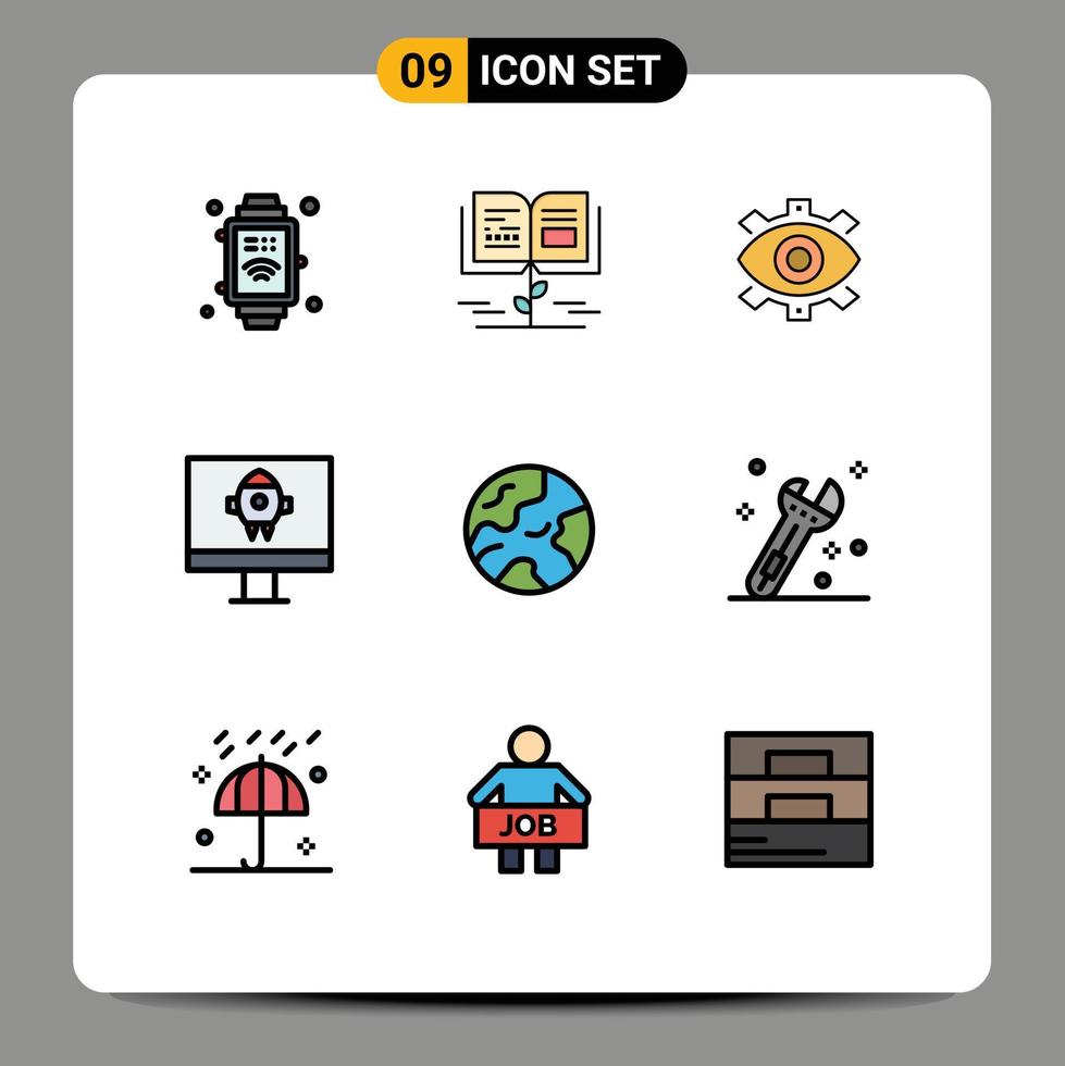 Mobile Interface Filledline Flat Color Set of 9 Pictograms of earth rocket creative computer modern Editable Vector Design Elements