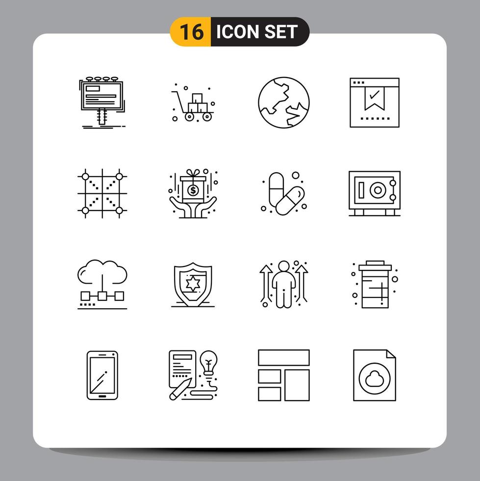 Pack of 16 Modern Outlines Signs and Symbols for Web Print Media such as okay good fragile check geography Editable Vector Design Elements
