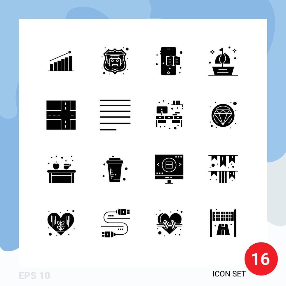 Set of 16 Commercial Solid Glyphs pack for road ship robot database sail boat Editable Vector Design Elements