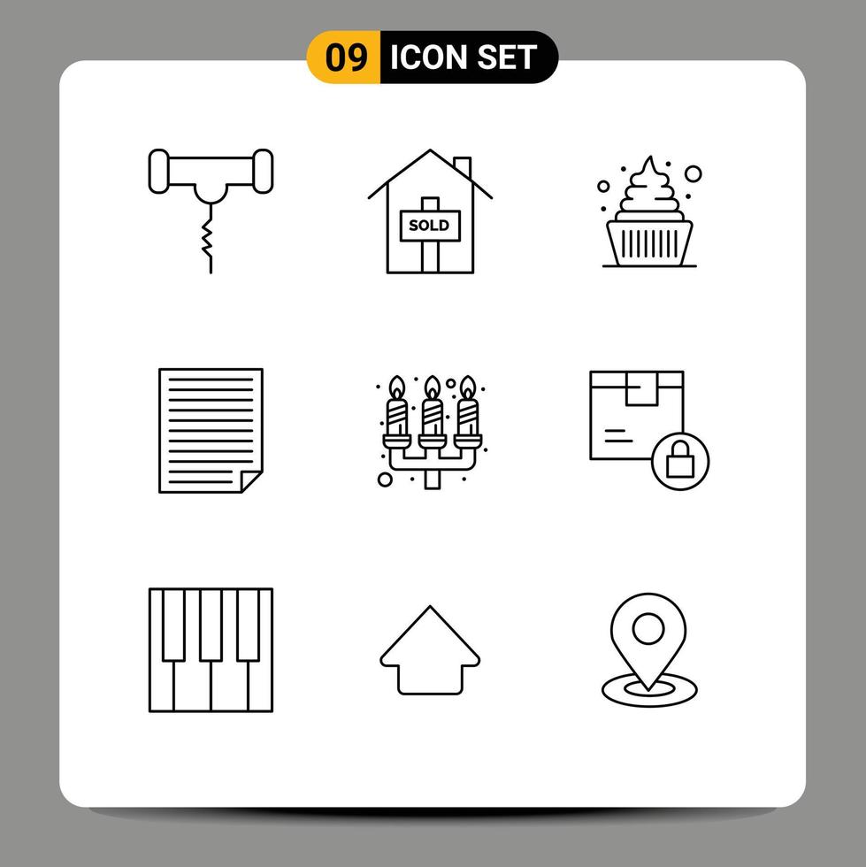 Modern Set of 9 Outlines Pictograph of candle dinner report dessert paper homework Editable Vector Design Elements