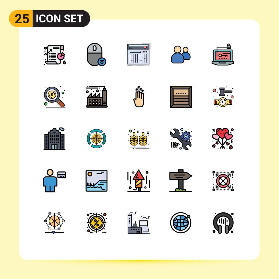Modern Set of 25 Filled line Flat Colors and symbols such as users friends hardware sound midi Editable Vector Design Elements