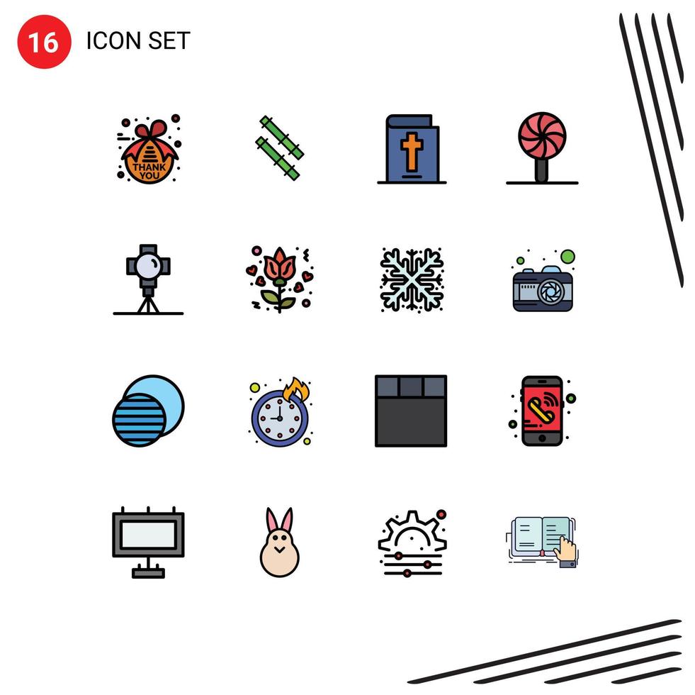 Editable Vector Line Pack of 16 Simple Flat Color Filled Lines of movies light holiday film lollipop Editable Creative Vector Design Elements