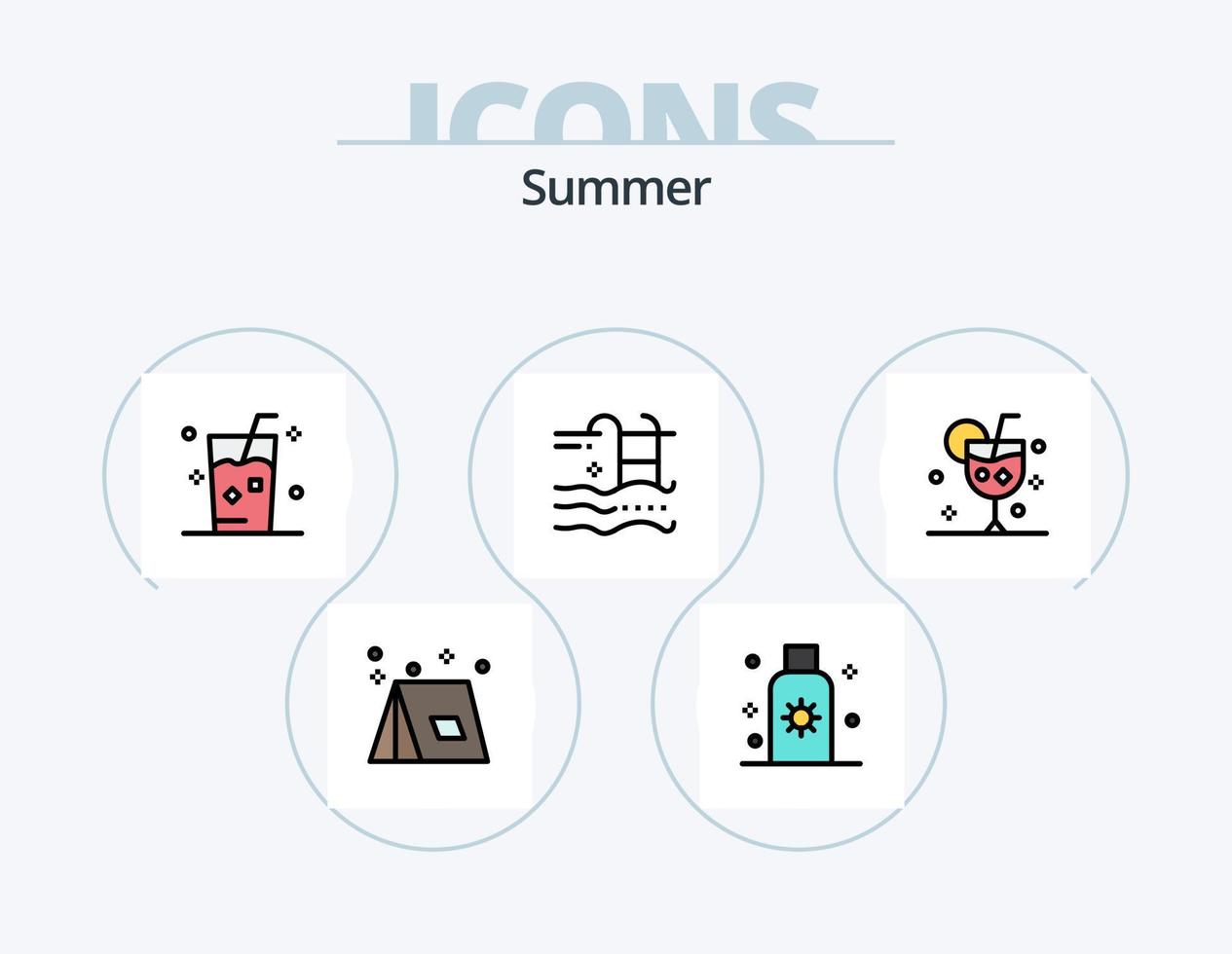 Summer Line Filled Icon Pack 5 Icon Design. fruit. coconut. swimming. ice. drink vector