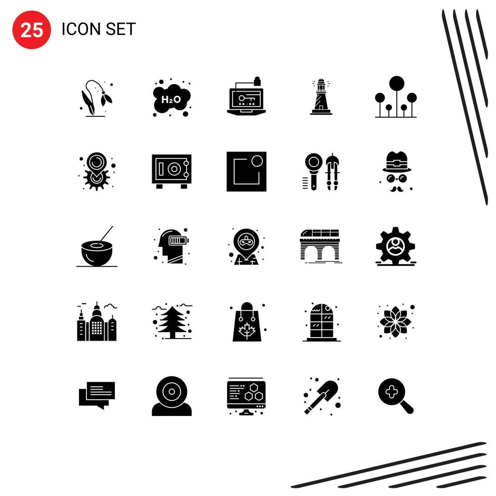 Pack of 25 Modern Solid Glyphs Signs and Symbols for Web Print Media such as beach house study lighthouse key Editable Vector Design Elements