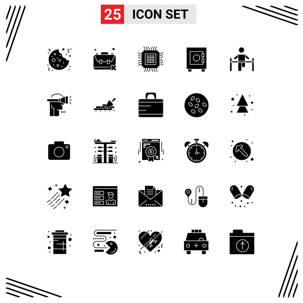 25 Universal Solid Glyphs Set for Web and Mobile Applications exercise lock unemployment locker database Editable Vector Design Elements
