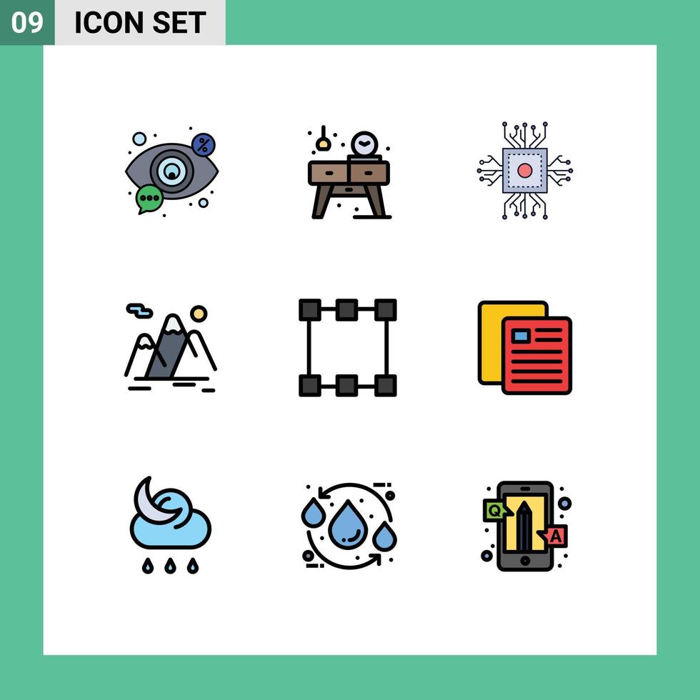 Pictogram Set of 9 Simple Filledline Flat Colors of hiking mountain watch mountains processor Editable Vector Design Elements