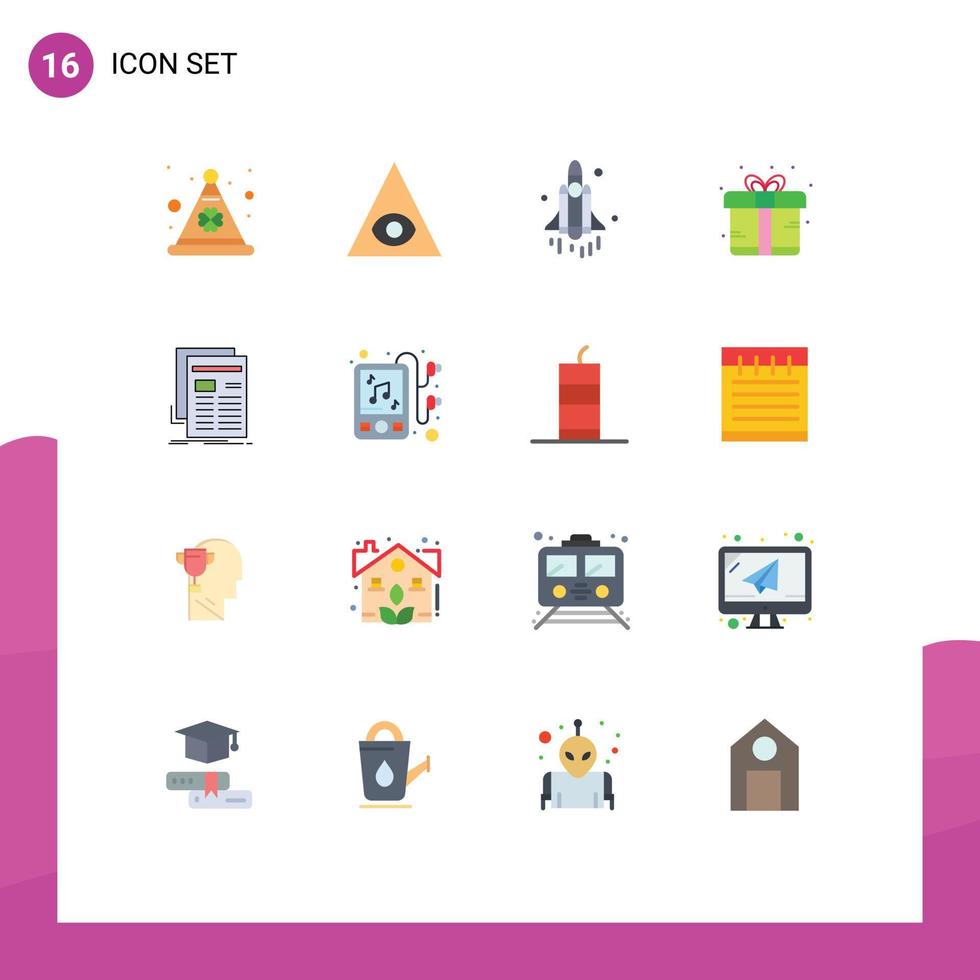 Pictogram Set of 16 Simple Flat Colors of news gazette rocket present bonus Editable Pack of Creative Vector Design Elements