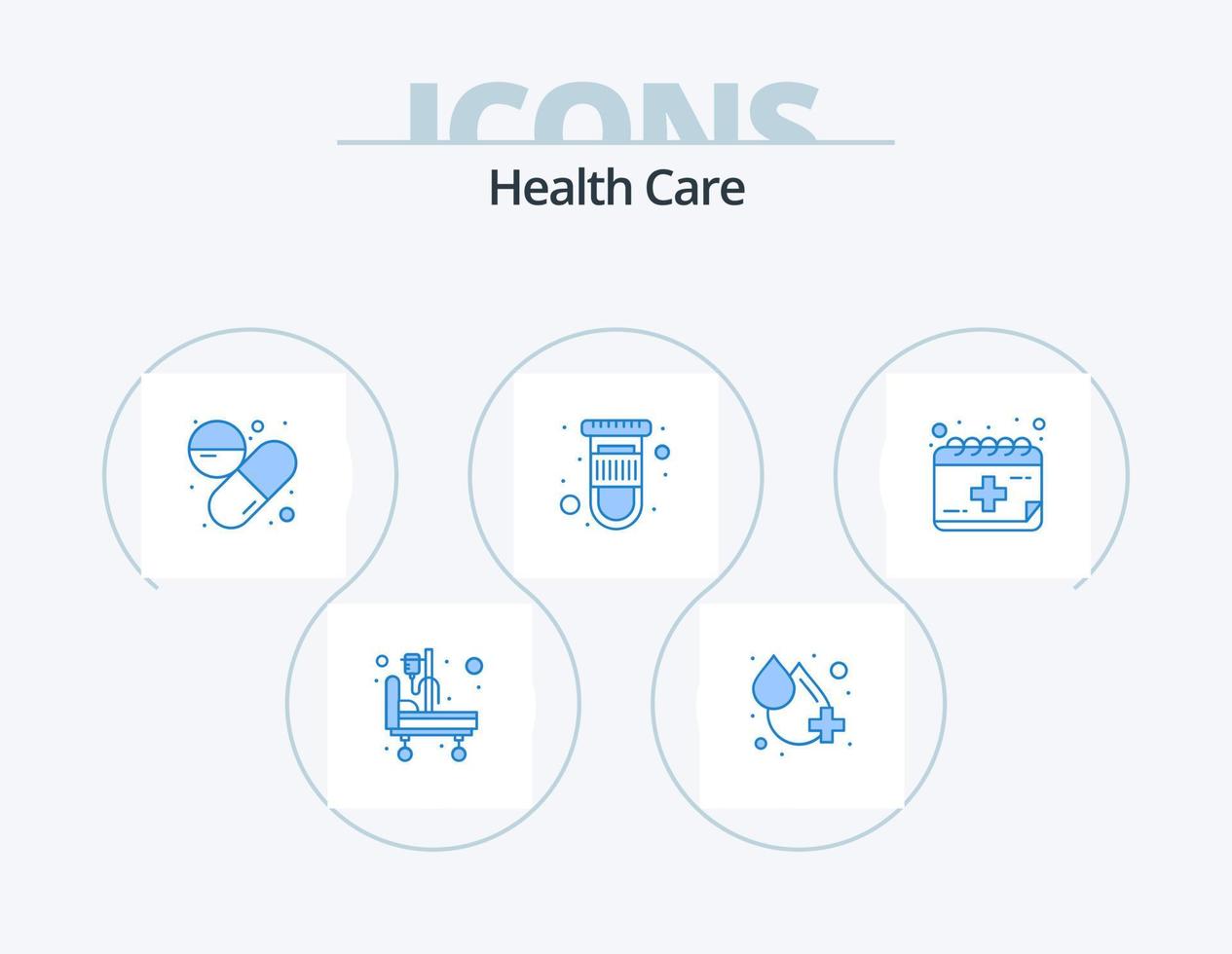 cuidado de la salud icono azul paquete 5 diseño de iconos. calendario. cápsula. tubo de ensayo. sangre vector