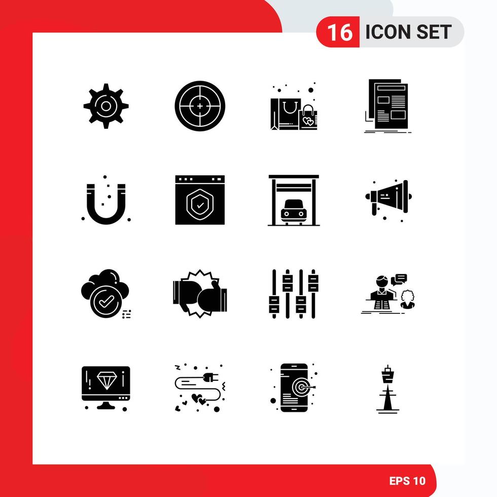 Set of 16 Vector Solid Glyphs on Grid for attract media bag newspaper news Editable Vector Design Elements