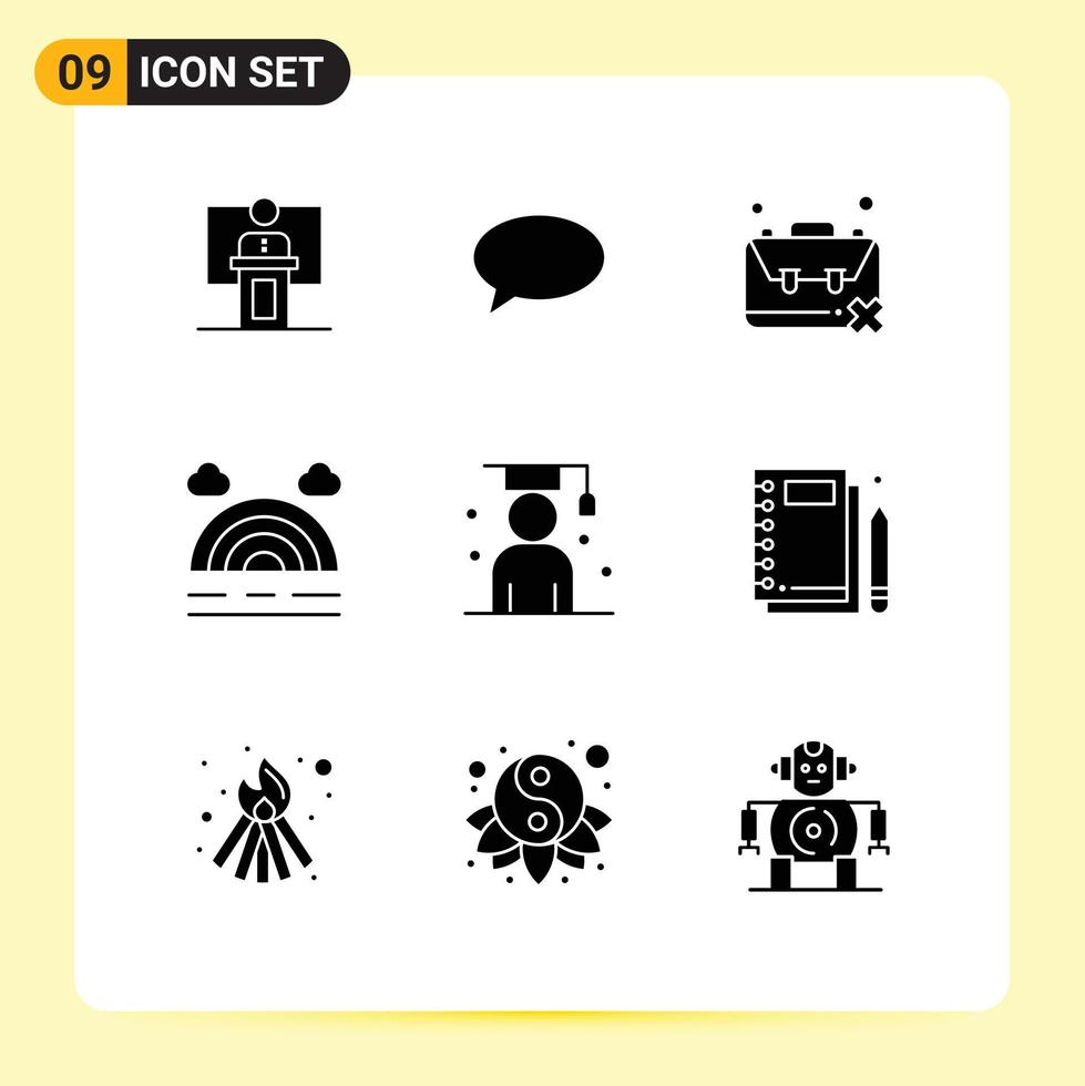 Mobile Interface Solid Glyph Set of 9 Pictograms of rainbow unemployment chating problem jobless Editable Vector Design Elements