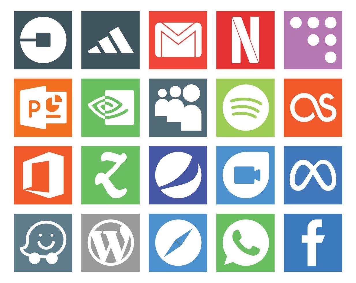 Paquete de 20 íconos de redes sociales que incluye google duo zootool coderwall office spotify vector