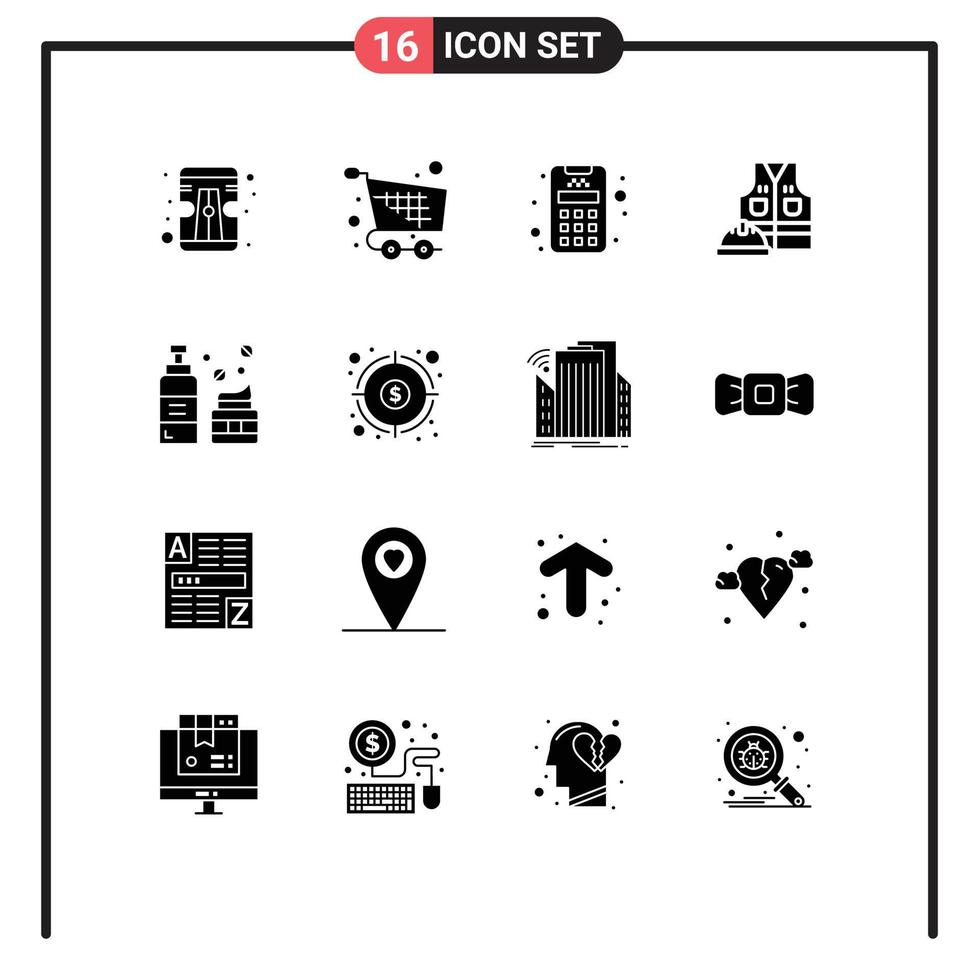 Modern Set of 16 Solid Glyphs Pictograph of lotion cosmetics card labour jacket Editable Vector Design Elements