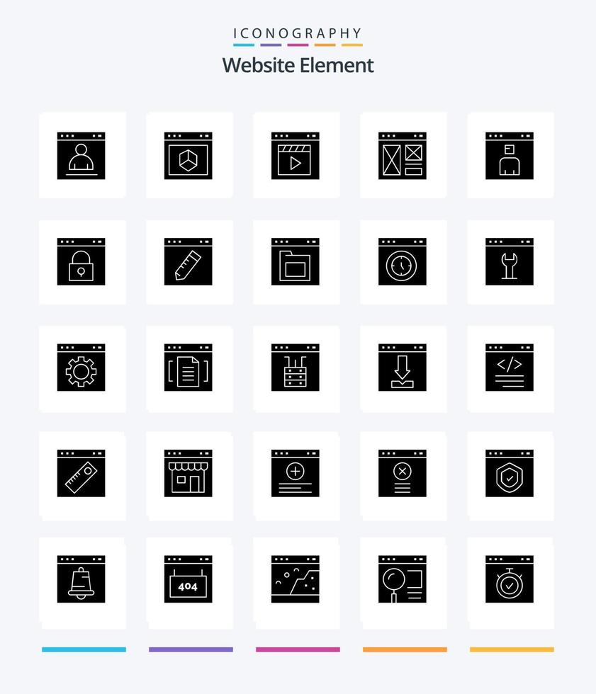 paquete de iconos de negro sólido de 25 glifos de elemento de sitio web creativo, como Internet. navegador. Internet. película. película vector