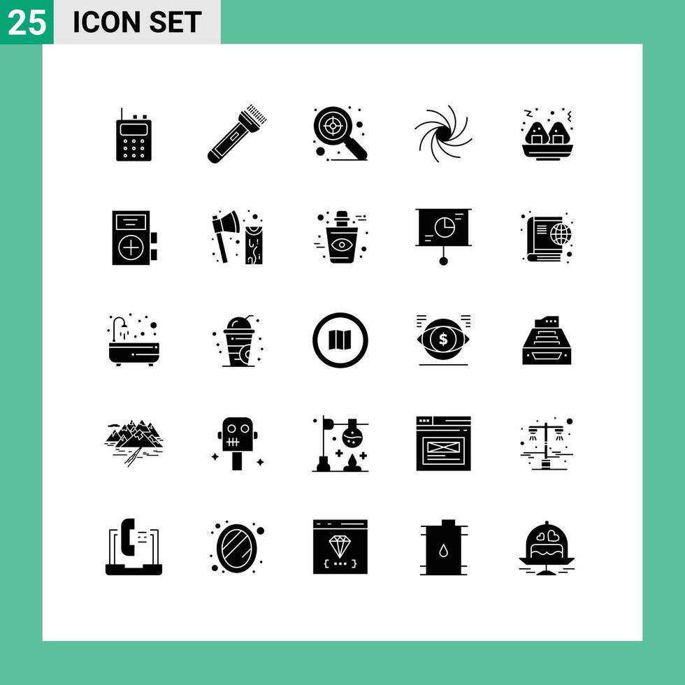 Set of 25 Vector Solid Glyphs on Grid for fitness fast focus food milky way Editable Vector Design Elements