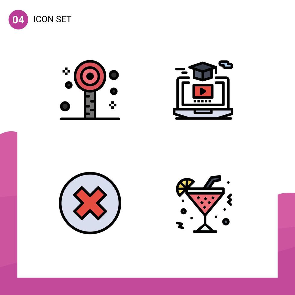 paquete de 4 signos y símbolos modernos de colores planos de línea rellena para medios de impresión web, como elementos de diseño de vectores editables multimedia de video de verano divertidos