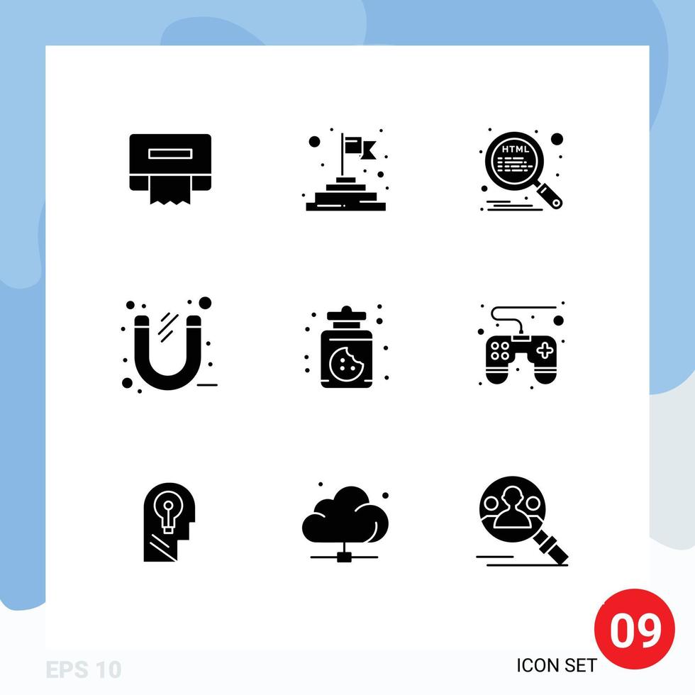 Mobile Interface Solid Glyph Set of 9 Pictograms of sweets dessert search tool office Editable Vector Design Elements