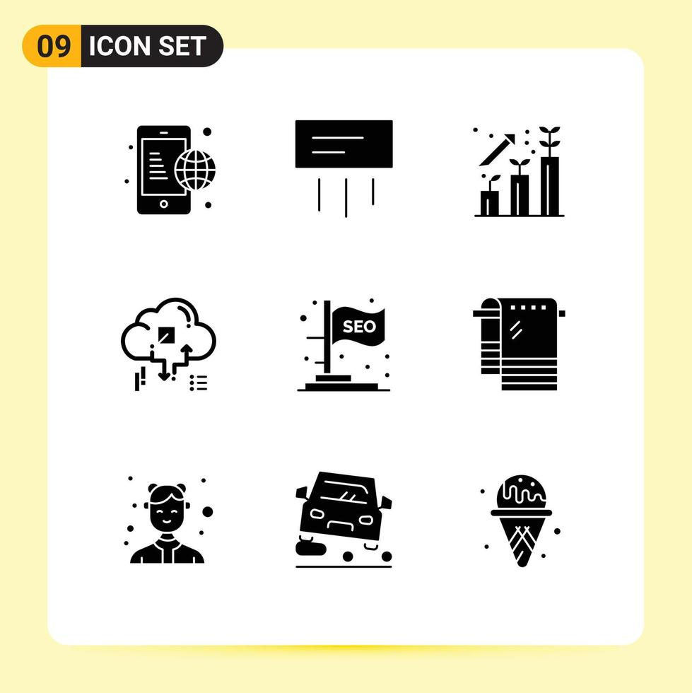 Solid Glyph Pack of 9 Universal Symbols of flag arrow business network cloud Editable Vector Design Elements