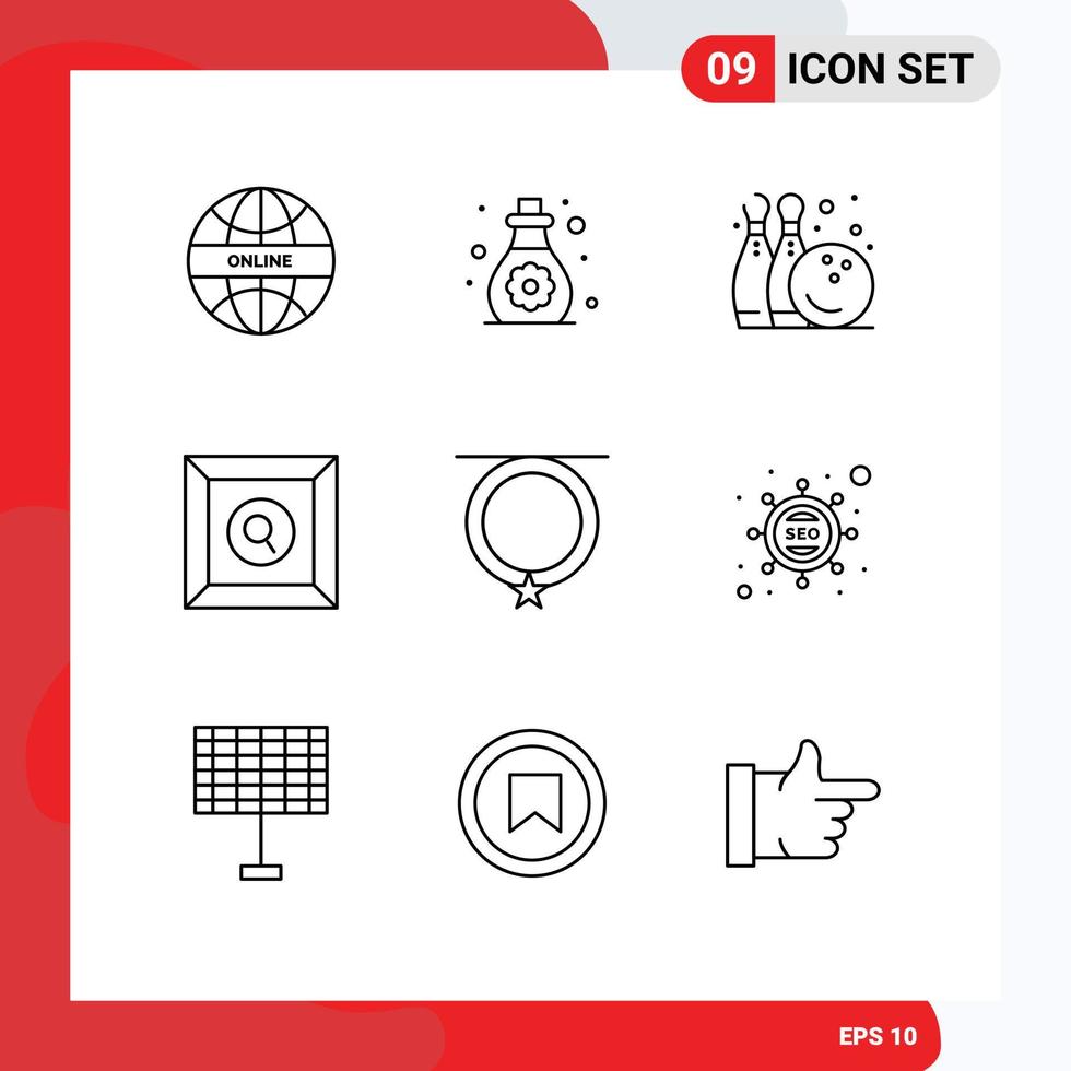 conjunto de pictogramas de 9 contornos simples de accesorios de moda caja de búsqueda de pino de bolos elementos de diseño vectorial editables vector