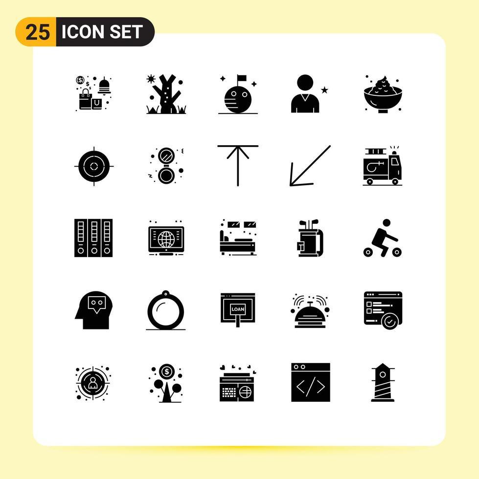 Pack of 25 Modern Solid Glyphs Signs and Symbols for Web Print Media such as holiday dinner flag user friend Editable Vector Design Elements