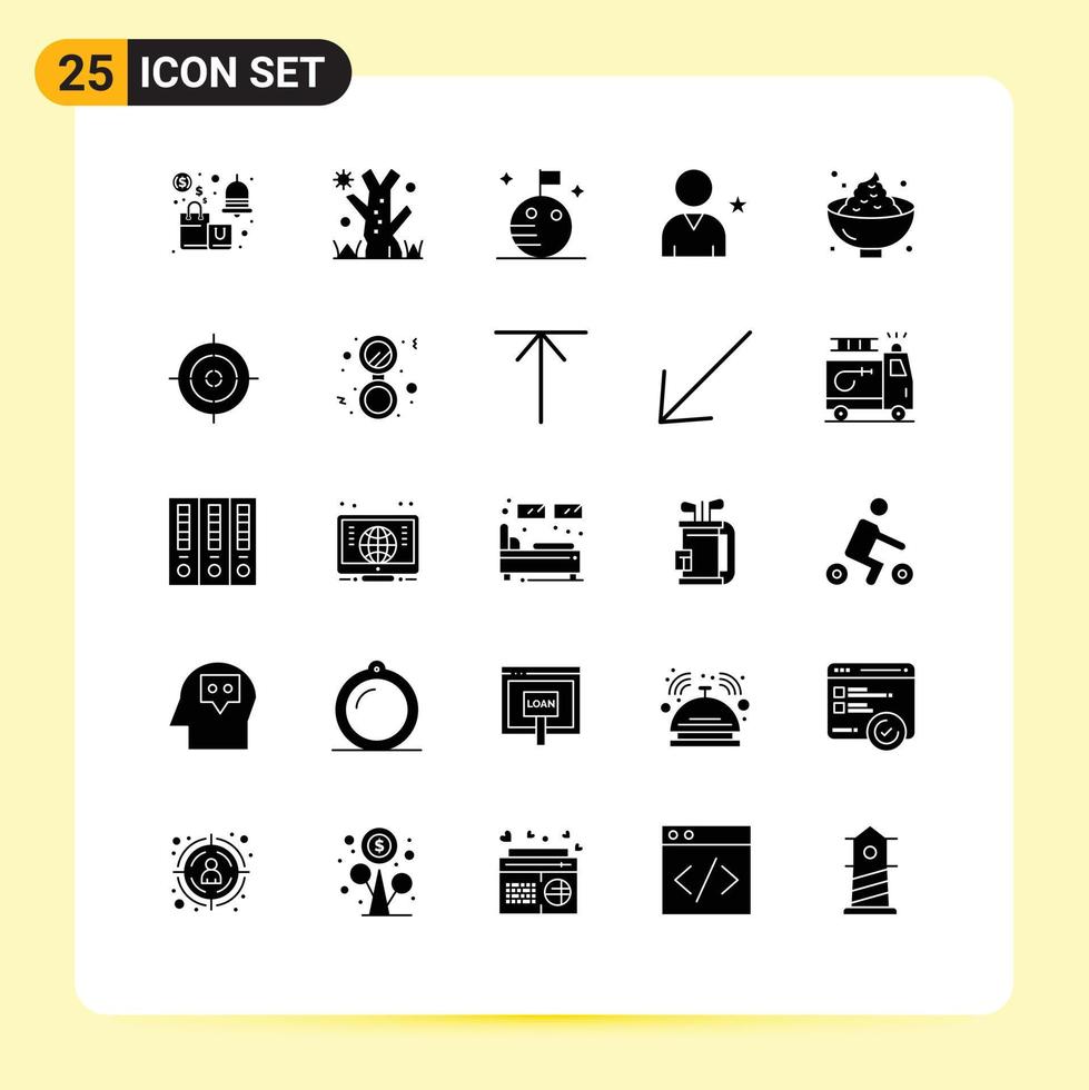 paquete de 25 signos y símbolos de glifos sólidos modernos para medios de impresión web, como elementos de diseño de vectores editables para amigos del usuario de la bandera de la cena festiva