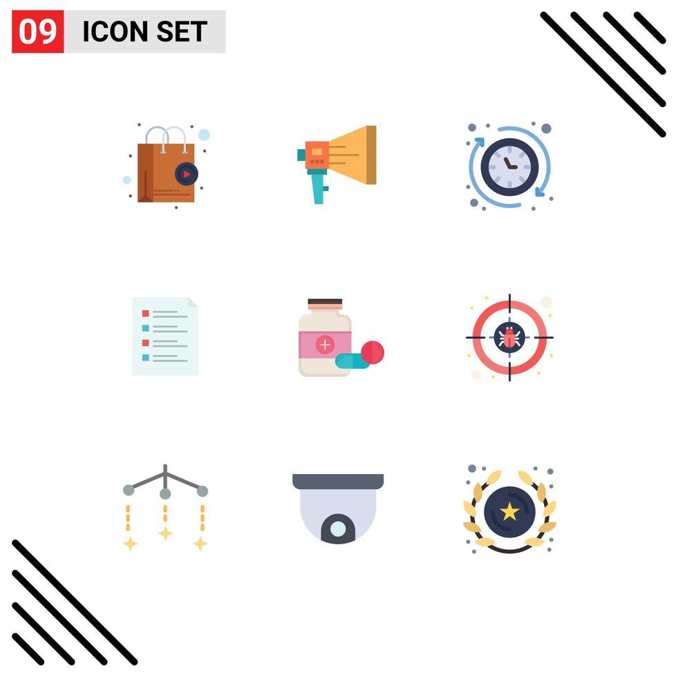 Group of 9 Flat Colors Signs and Symbols for file checklist megaphone the clock Editable Vector Design Elements