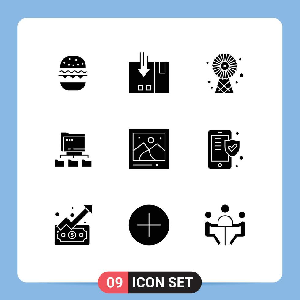 Group of 9 Solid Glyphs Signs and Symbols for camera network service folders technology Editable Vector Design Elements