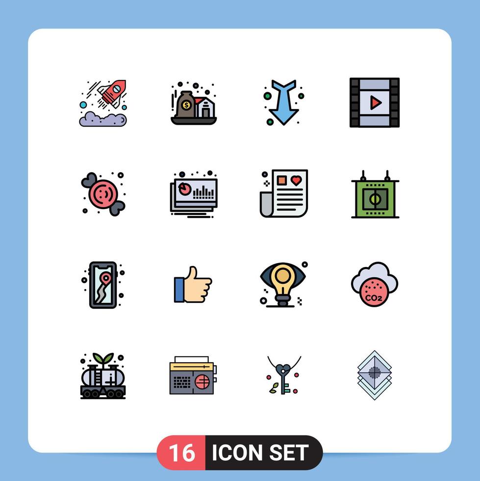 16 concepto de línea llena de color plano para sitios web móviles y aplicaciones alimentos dulces flecha reproducir película elementos de diseño de vectores creativos editables