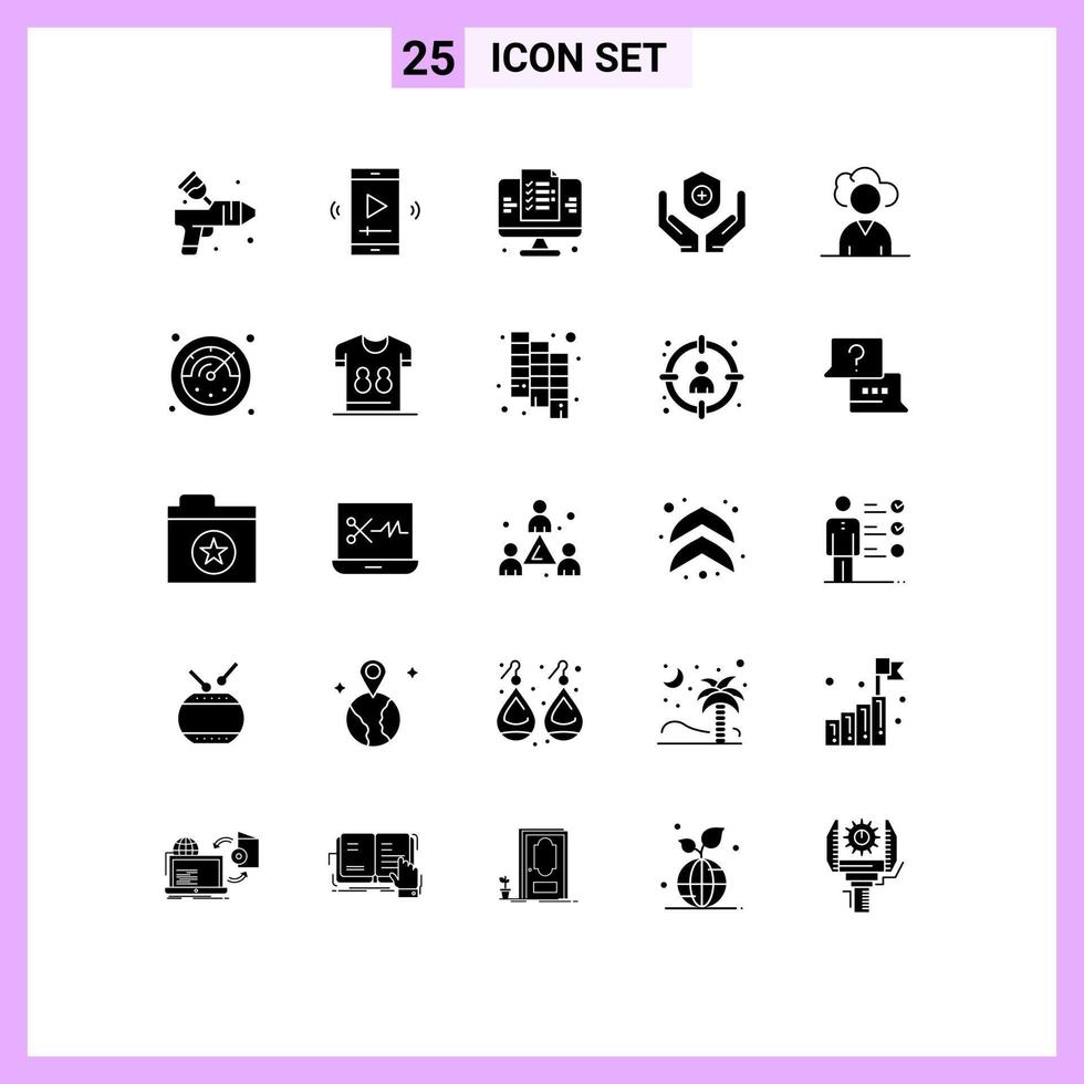 Pictogram Set of 25 Simple Solid Glyphs of cloud shield video player app medicine website Editable Vector Design Elements