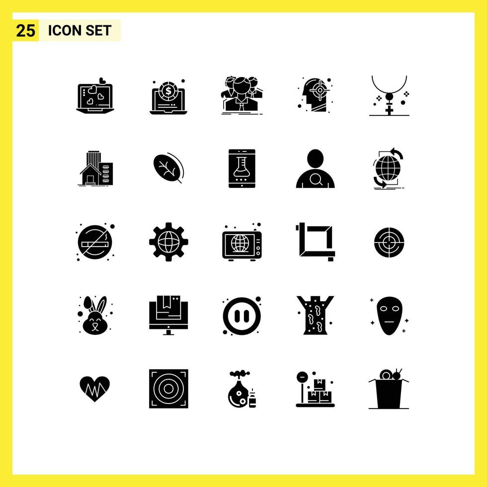 25 User Interface Solid Glyph Pack of modern Signs and Symbols of cross mind multiplayer human goal Editable Vector Design Elements