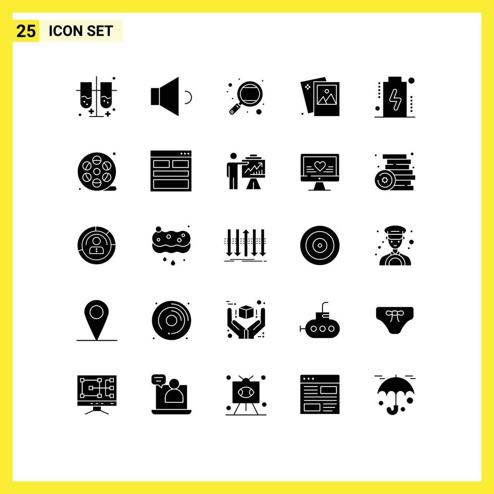 25 User Interface Solid Glyph Pack of modern Signs and Symbols of battery photography learning photo gallery Editable Vector Design Elements