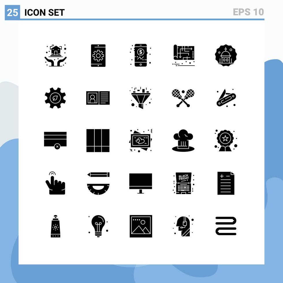 Universal Icon Symbols Group of 25 Modern Solid Glyphs of mosque map search house blueprint Editable Vector Design Elements