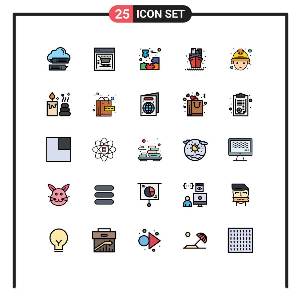 Mobile Interface Filled line Flat Color Set of 25 Pictograms of labour ship box sea piece Editable Vector Design Elements