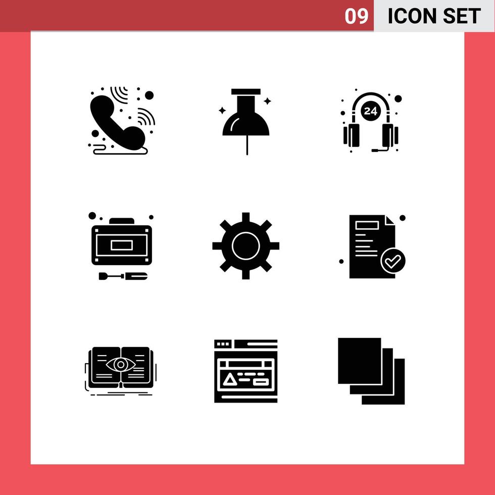 Set of 9 Commercial Solid Glyphs pack for medical security hours protection repairs Editable Vector Design Elements