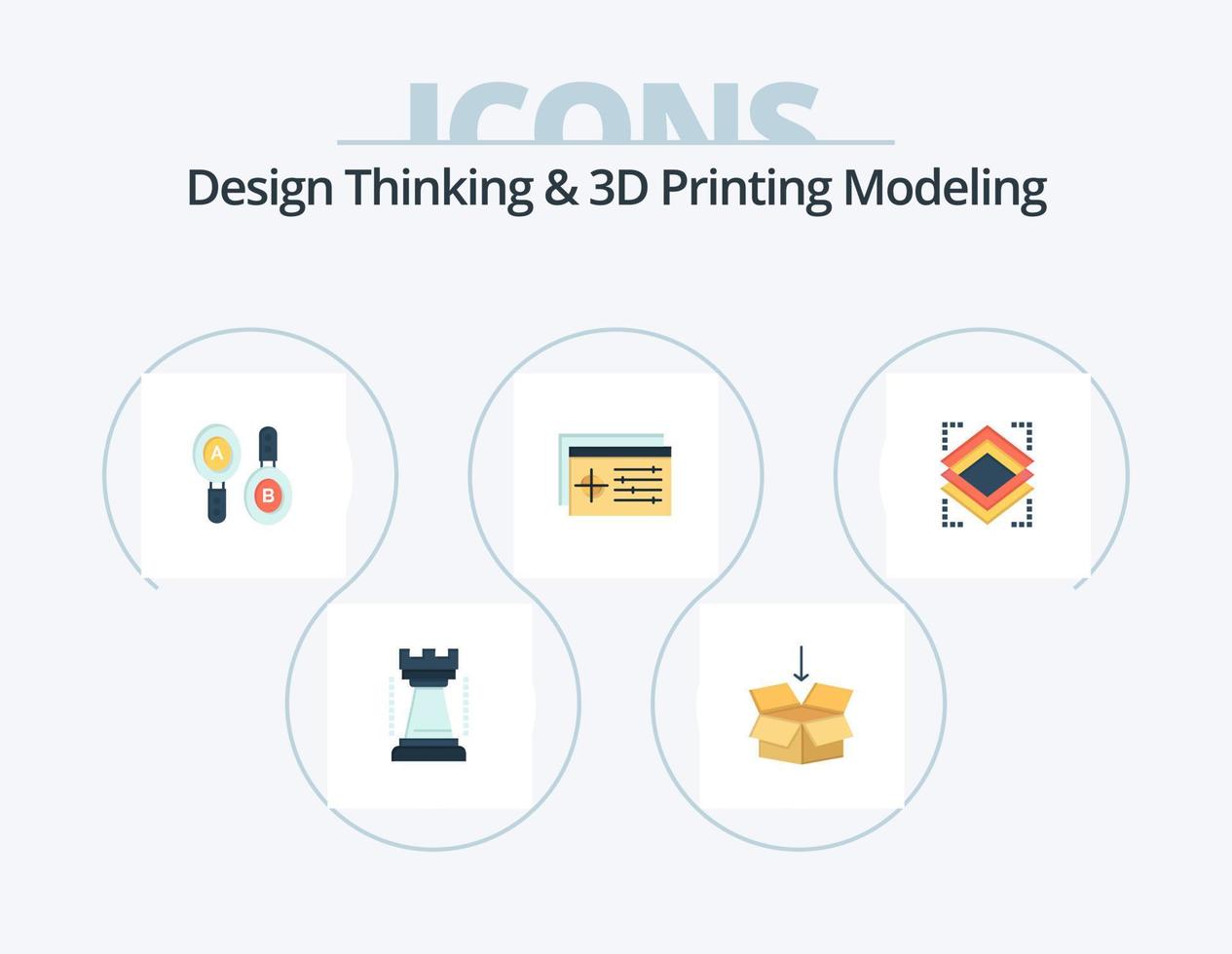 Design Thinking And D Printing Modeling Flat Icon Pack 5 Icon Design. object. object. research. target. setting vector