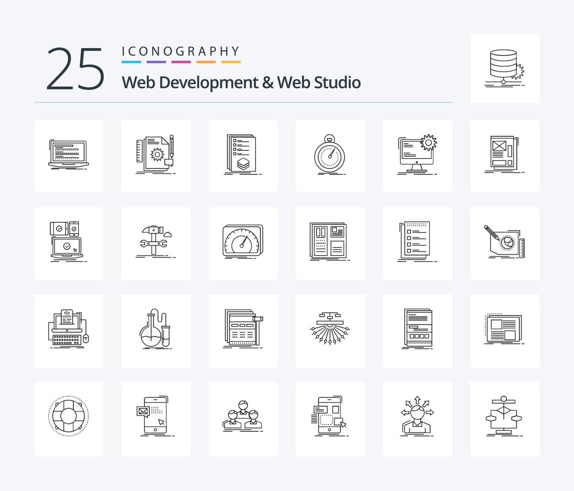 Web Development And Web Studio 25 Line icon pack including optimization. done. feedback. mark. list vector
