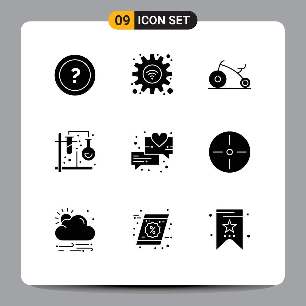 Pack of 9 Modern Solid Glyphs Signs and Symbols for Web Print Media such as chat formula wifi tubes chemistry Editable Vector Design Elements