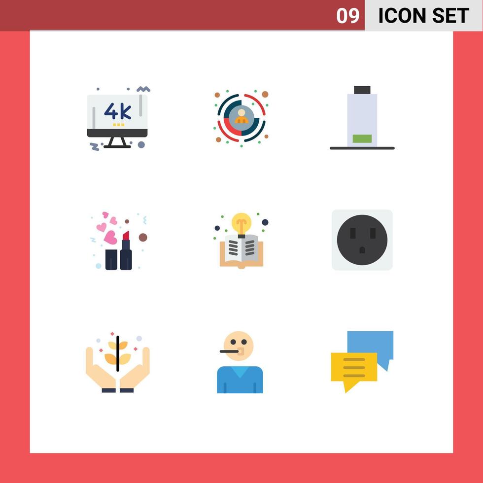 9 Flat Color concept for Websites Mobile and Apps light bulb education battery book lipstick Editable Vector Design Elements