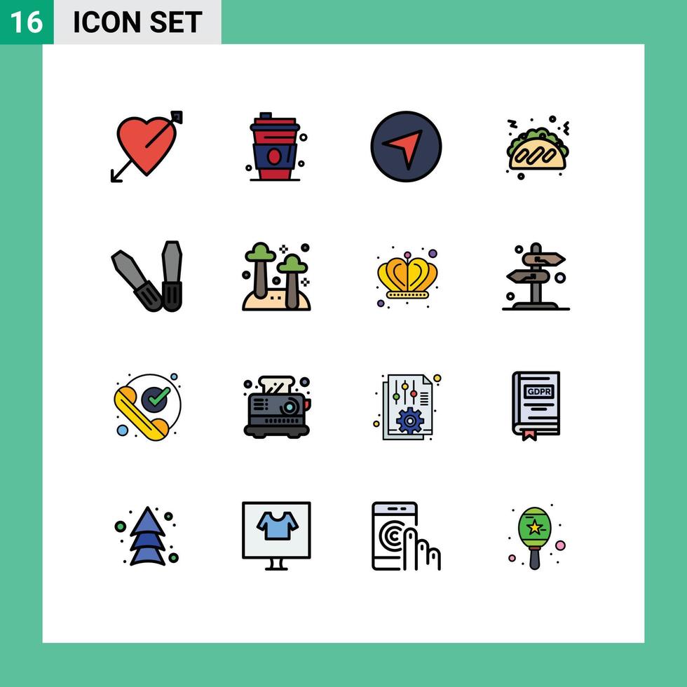 Universal Icon Symbols Group of 16 Modern Flat Color Filled Lines of fungi tools direction mechanic fast food Editable Creative Vector Design Elements
