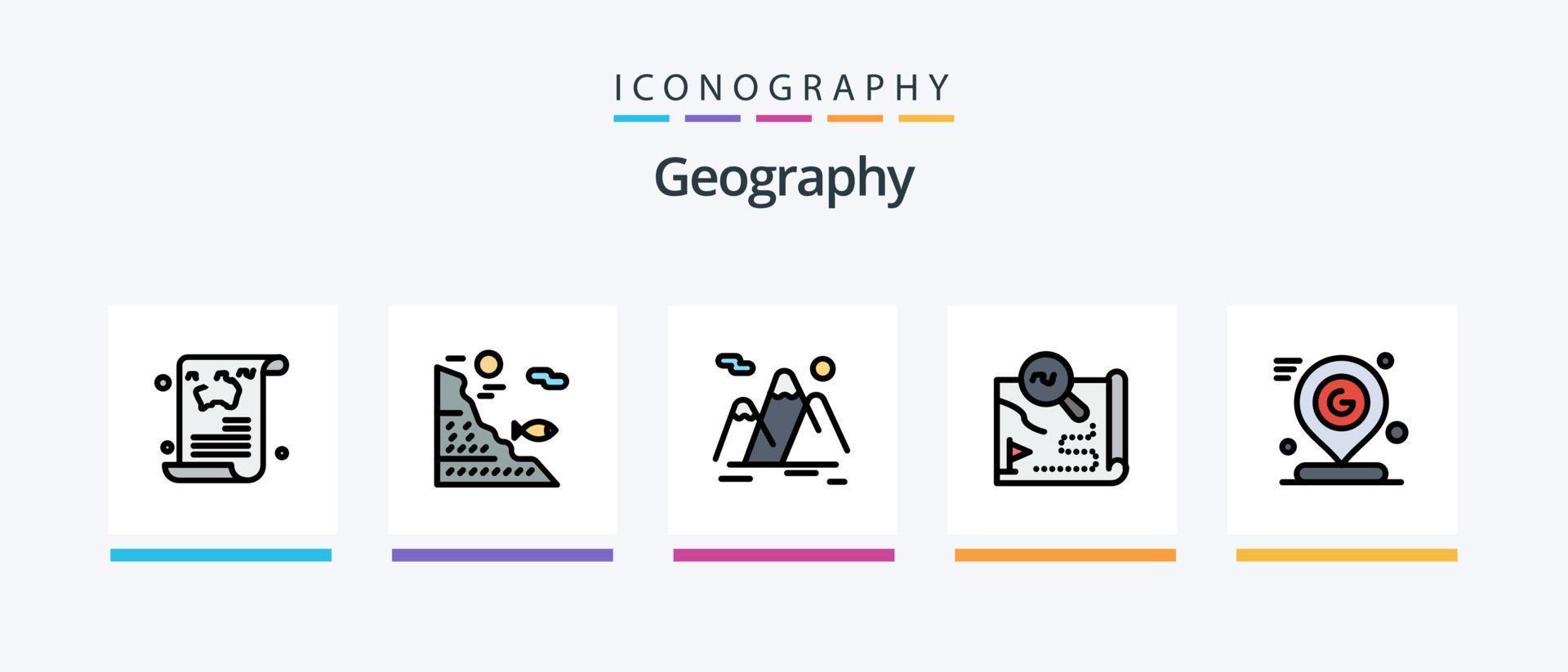 la línea de geografía llenó el paquete de 5 iconos, incluido el mapa. móvil. localización. recorrido. alfiler. diseño de iconos creativos vector