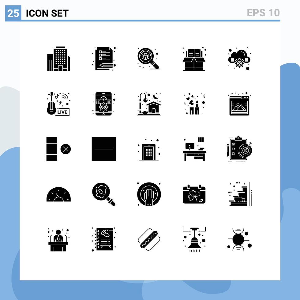 Pack of 25 creative Solid Glyphs of music news computing search cloud education Editable Vector Design Elements