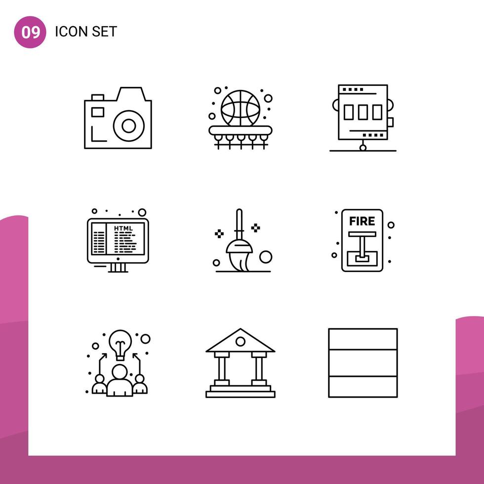 Group of 9 Modern Outlines Set for bucket html activities coding recreation Editable Vector Design Elements