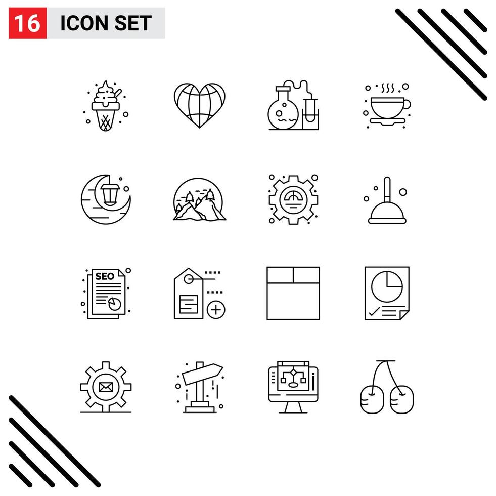 Group of 16 Modern Outlines Set for celebration coffee globe cup science Editable Vector Design Elements