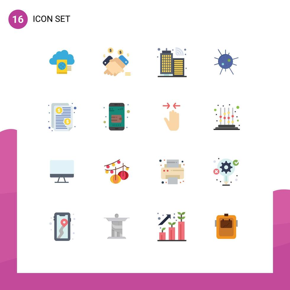 Flat Color Pack of 16 Universal Symbols of price bill selling virus bacteria Editable Pack of Creative Vector Design Elements