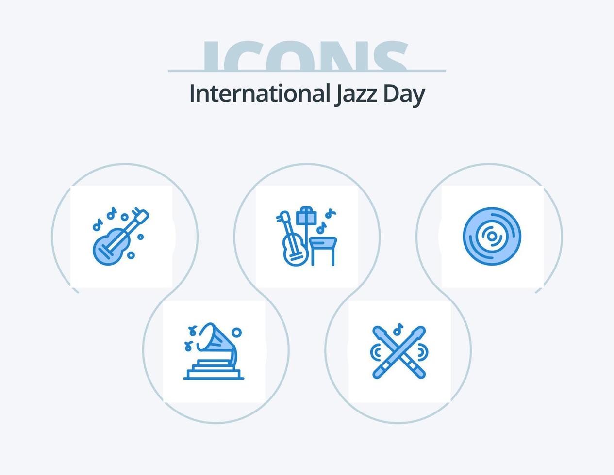 International Jazz Day Blue Icon Pack 5 Icon Design. vinyl. disc. guitar. song. guitar vector