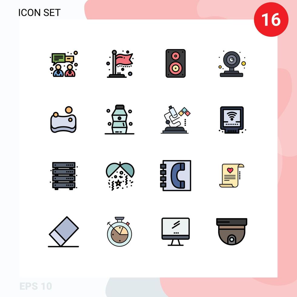 Modern Set of 16 Flat Color Filled Lines and symbols such as sponge cleaning loudspeaker video camera web Editable Creative Vector Design Elements