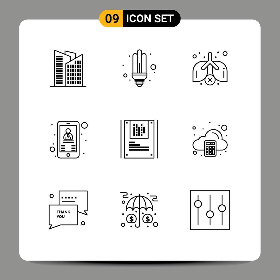 Pack of 9 Modern Outlines Signs and Symbols for Web Print Media such as decryption cryptography pollution analysis user Editable Vector Design Elements