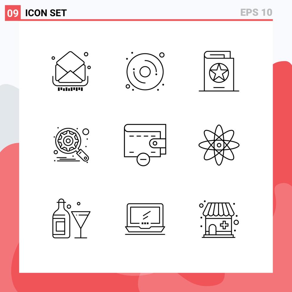 Set of 9 Commercial Outlines pack for delete search book gear witch Editable Vector Design Elements