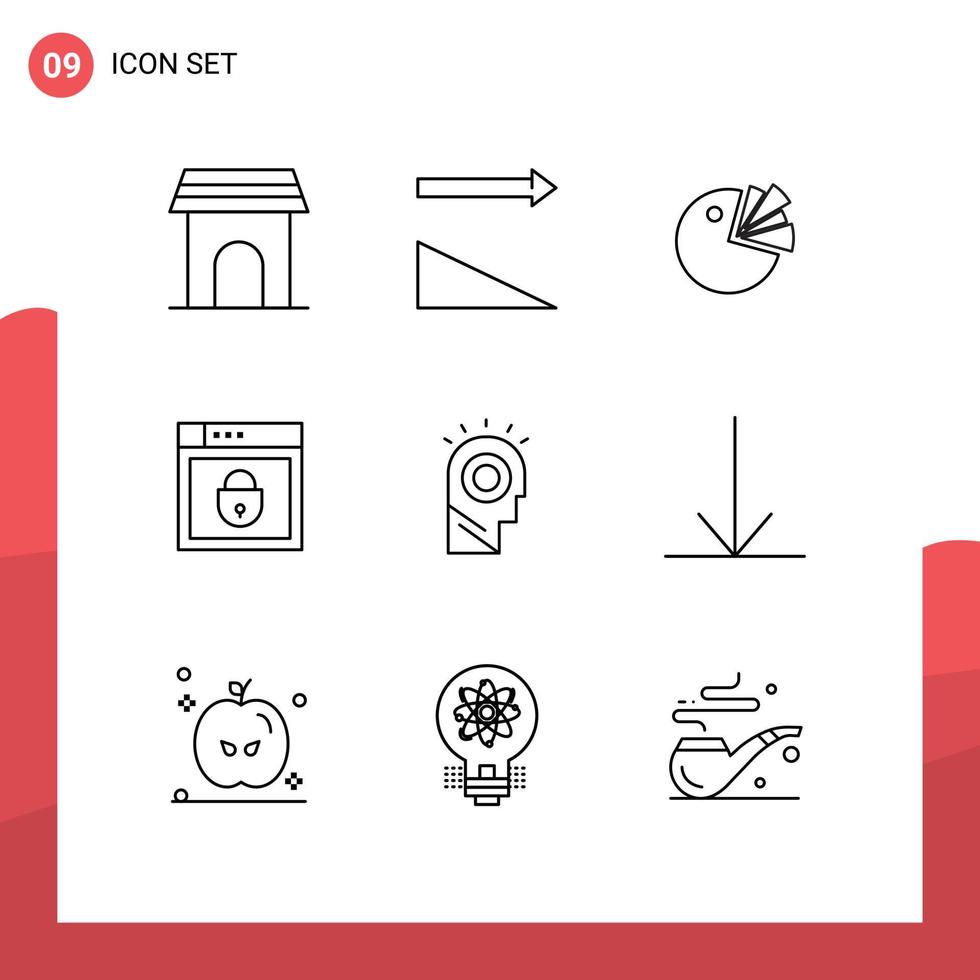 Pack of 9 Modern Outlines Signs and Symbols for Web Print Media such as light web security pie shield internet Editable Vector Design Elements